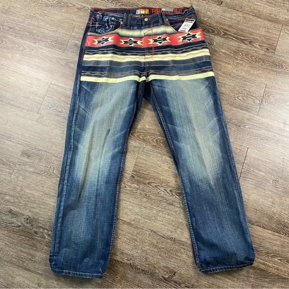 Akademiks Jeans Men 38x32 Aztec Baggy Y2K Dark Wash Embroidered Skater VTG Rare - Picture 3 of 14